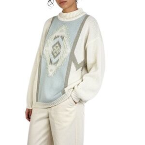 VTG 80s 90s oversized boxy cream geometric argyle chevron mock neck sweater L